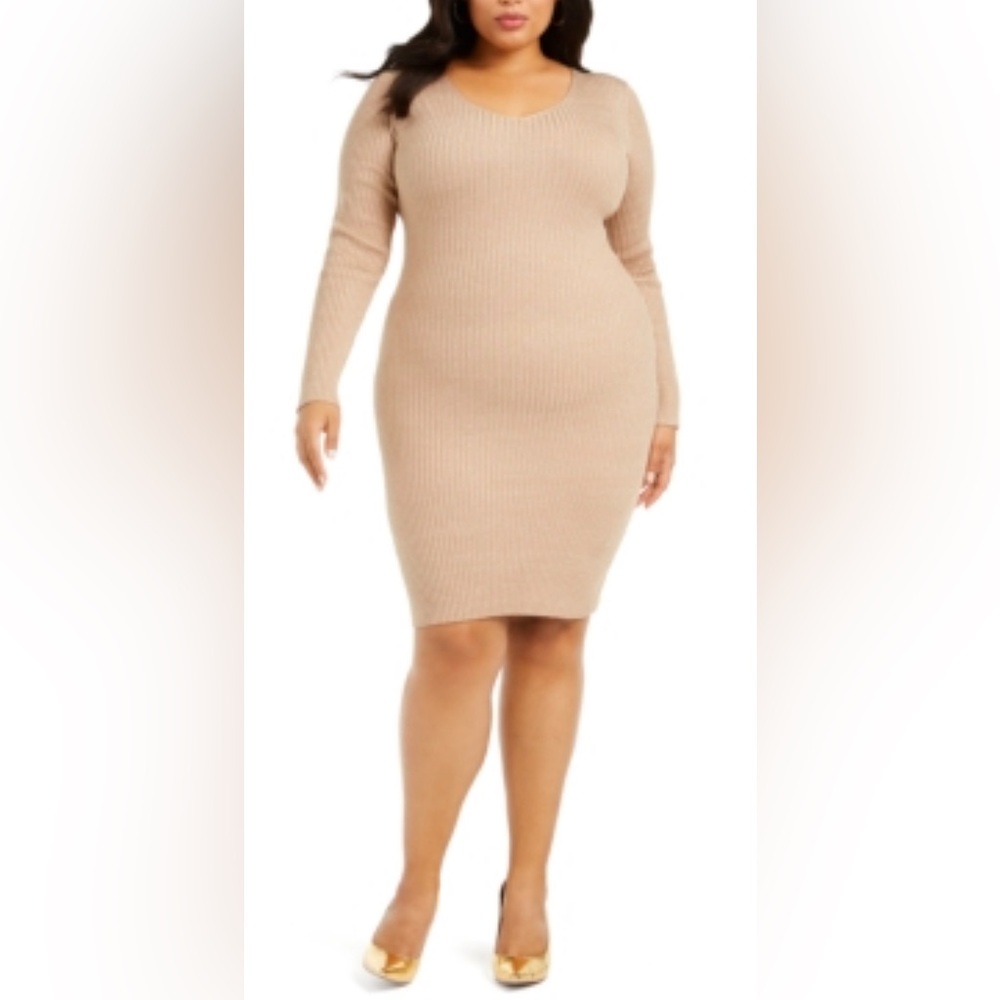 Planet Gold Plus 2x Metallic Gold/Tan Deep V-Neck Long Sleeve Sweater Dress